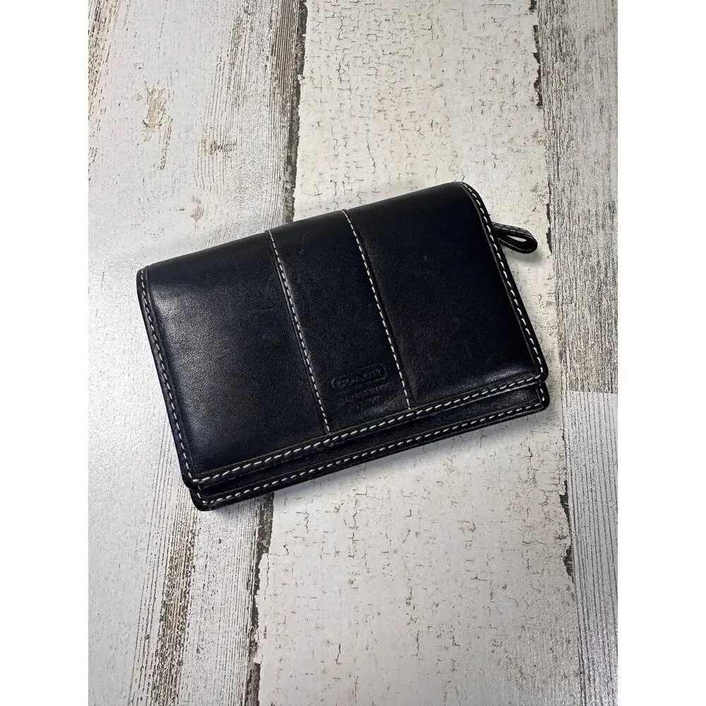 Vintage (1990s) Coach Black Leather Bifold Snap Wallet White Stitching